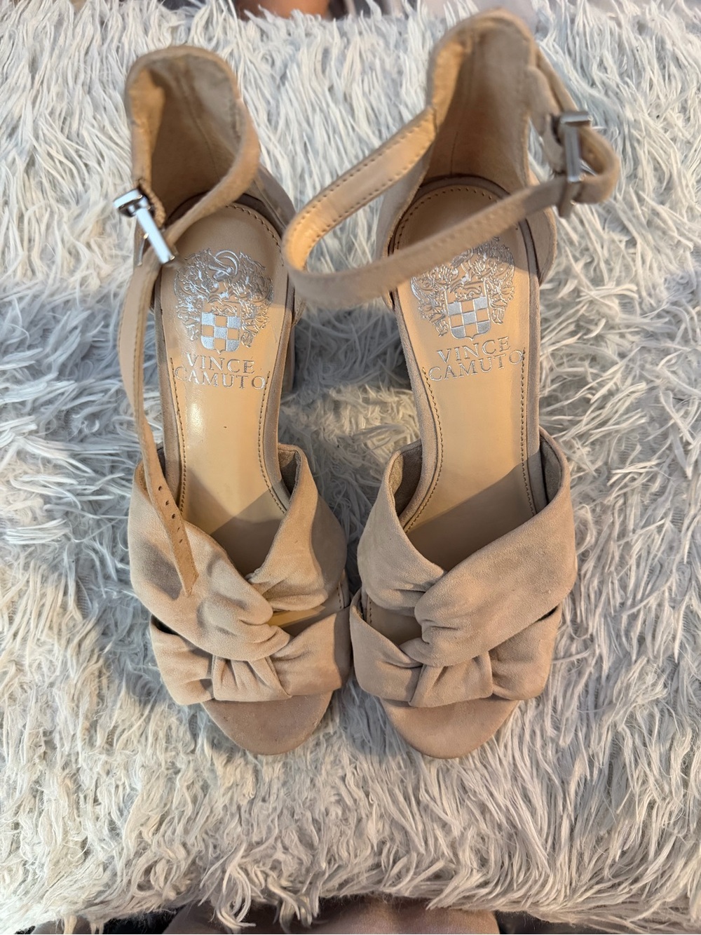Vince Camuto Beige Suede Knot Front Ankle-Strap Heels Size 5.6 Platform